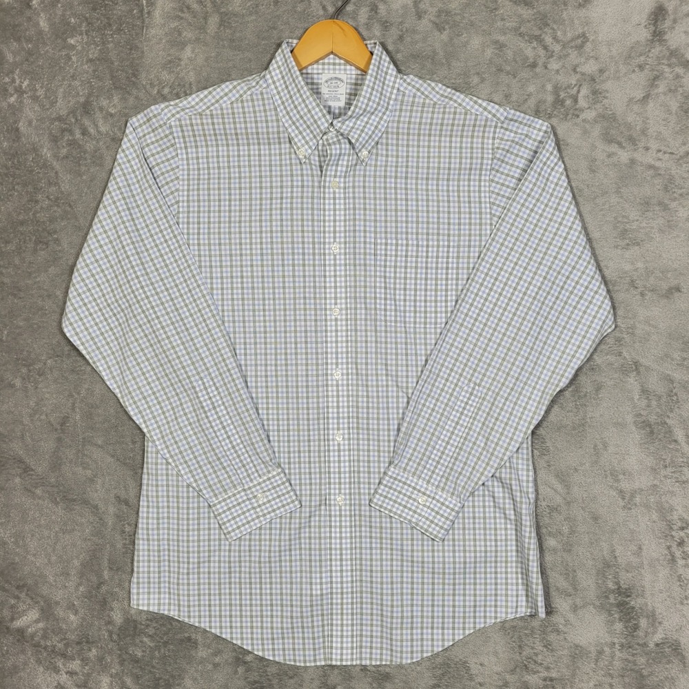 Brooks Brothers Shirt Mens 16 34 Green Blue Plaid Button Down Regent Fit Supima